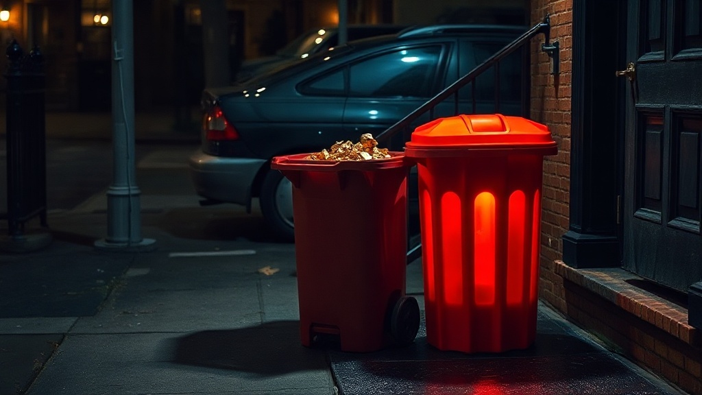 Glowing stoop bin at night on a city sidewalk